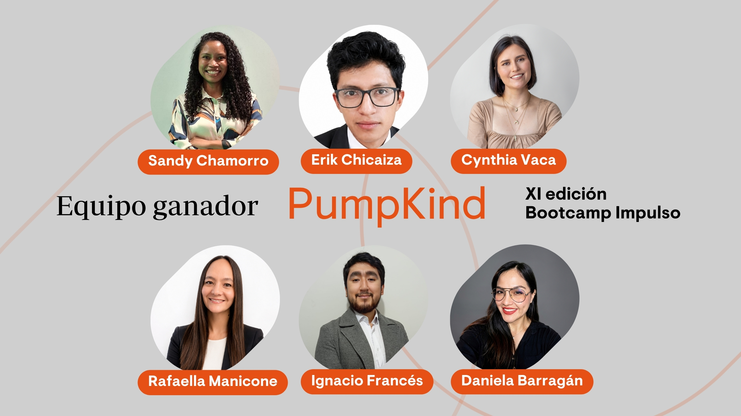 Composición con los seis integrantes de PumpKind, equipo ganador: Cinthya Katherine Vaca Gavilanes, product designer; Andrea Marcela Ferrer Torres, administradora de empresas y responsable financiera; Alex Rafael Valqui, profesional de marketing y docente; Erik Alfonso Chicaiza Montaluisa, ingeniero y empresario del sector automotriz; Stefany Mishell Ricaldi López, médico veterinario zootecnista y Sandy Patricia Chamorro Ocampo, ingeniera electricista de la XI edición del Bootcamp Impulso del MBA de VIU: 