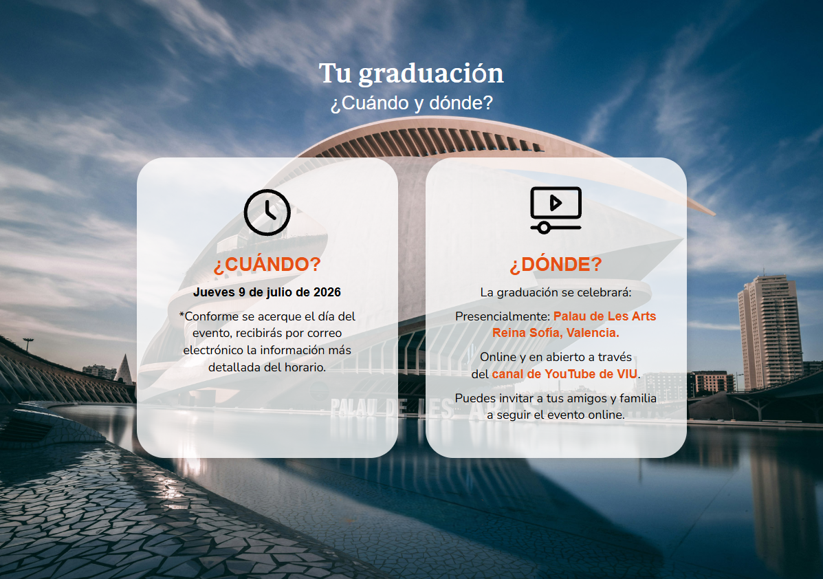 Infografía con el Palau de les Arts de Valencia de fondo, que tiene la información de fecha y lugar de la Graduación de VIU 2026