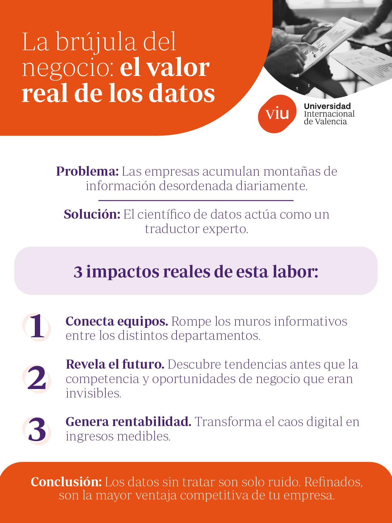 Guía visual sobre el impacto de la gestión de datos en la organización industrial Infografía sobre el valor de los datos en el negocio y la ingeniería en organización industrial, detallando la solución al problema de la información desordenada mediante la conexión de equipos, revelación de tendencias y generación de rentabilidad.