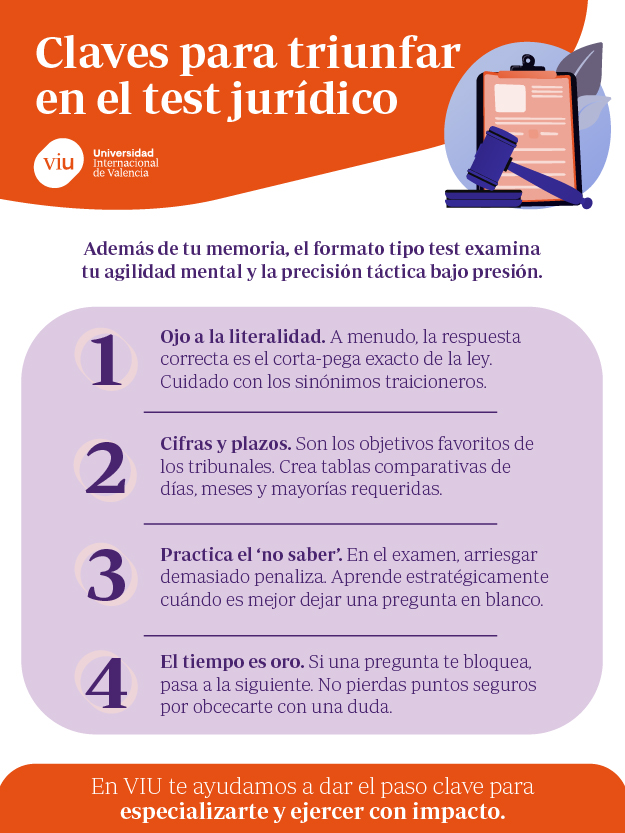 Guía estratégica para el examen tipo test en oposiciones de derecho Infografía sobre las claves para triunfar en el test jurídico de las oposiciones de derecho, detallando consejos sobre la literalidad de la ley, el estudio de cifras y plazos, la gestión de errores y la administración del tiempo.