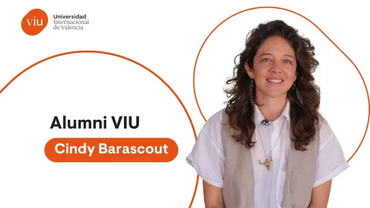 Composición con el retrato de la alumni de VIU Cindy Barascout, formas geométricas, el logo de VIU y el nombre de Cindy
