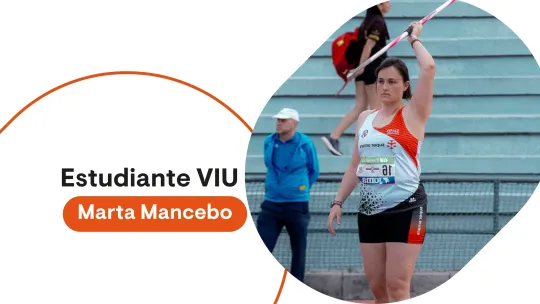 Composición en blanco y naranja con formas ovaladas y una fotografía de Marta Mancebo compitiendo en el lanzamiento de jabalina