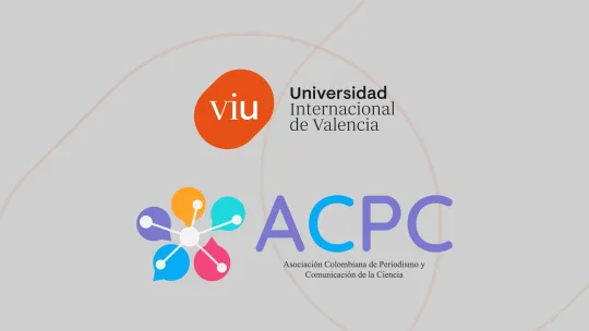 Logos de la Universidad Internacional de Valencia (VIU) y la Asociación Colombiana de Periodismo y Comunicación de la Ciencia (ACPC) sobre fondo gris con formas geométricas naranjas