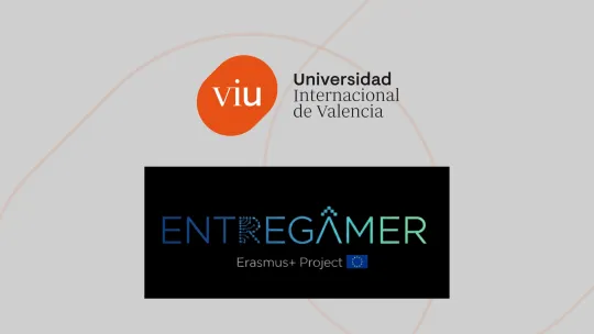 Logos de VIU y del proyecto Erasmus+ con participación de VIU ENTREGAMER. Los logos están centrados y ocupan la mayor parte de la imagen. La imagen tiene fondo gris con formas geométricas naranjas.