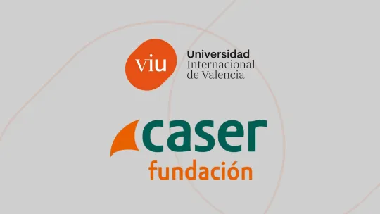 Logos de VIU y Fundación Caser sobre fondo gris con formas geométricas naranjas