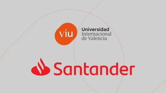 Composición con los logos de VIU y Santander centrados, sobre una fondo gris con formas geométricas
