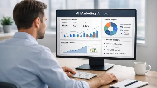 Especialista en marketing consultando métricas en un entorno Data Driven Hombre visto desde atrás sentado frente a un ordenador, consultando un panel de control de marketing basado en IA que muestra gráficos de rendimiento, analítica predictiva y recomendaciones estratégicas.