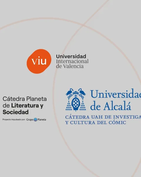Composición con los logos de la Universidad Internacional de Valencia, la Cátedra Planeta de Literatura y Sociedad y de la Universidad de Alcalá