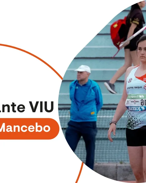 Composición en blanco y naranja con formas ovaladas y una fotografía de Marta Mancebo compitiendo en el lanzamiento de jabalina