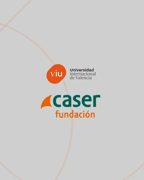 Logos de VIU y Fundación Caser sobre fondo gris con formas geométricas naranjas
