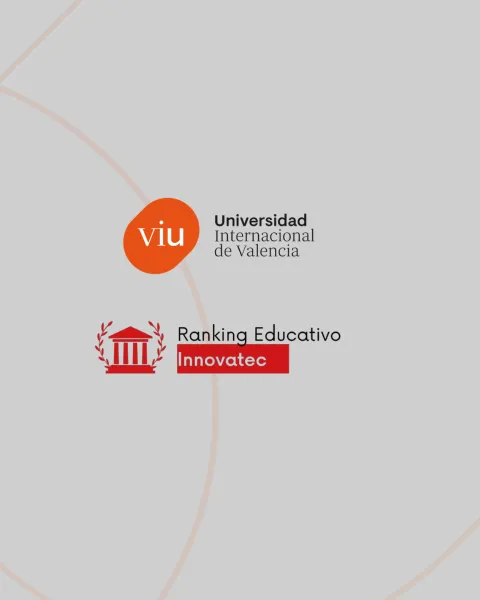 Logos de VIU y del Ranking Educativo Innovatec sobre fondo gris con formas geométricas naranjas
