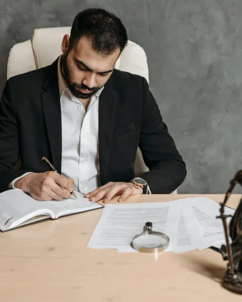 abogado-escribiendo-documentos-en-su-despacho-como-parte-de-sus-especializaciones-en-derecho