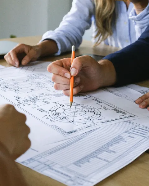 Un grupo de personas trabajando alrededor de una mesa de madera, revisando planos técnicos y esquemas de ingeniería en organización industrial con un lápiz.
