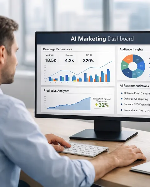 Hombre visto desde atrás sentado frente a un ordenador, consultando un panel de control de marketing basado en IA que muestra gráficos de rendimiento, analítica predictiva y recomendaciones estratégicas.