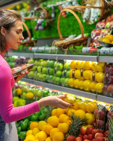mujer-eligiendo-frutas-en-un-supermercado-representando-tipos-de-consumidores