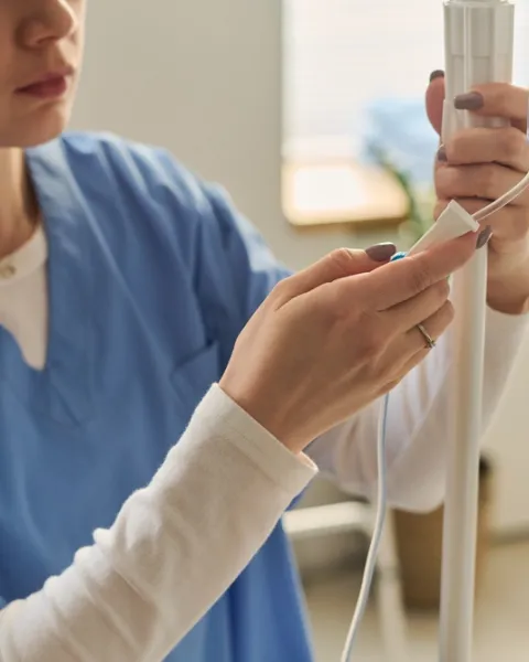 Una profesional de la salud con uniforme médico azul ajusta el sistema de goteo de un suero intravenoso durante un proceso de atención médica.