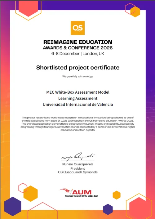 una imagen del certificado de los QS Reimagine Education Awards, que certifica que el proyecto de VIU MEC White-Box es finalista de los premios