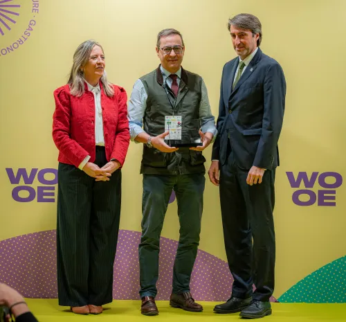 Juan Revenga director experto y docente de VIU, recibiendo el premio WOOE a su trayectoria