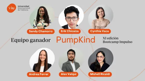 Composición con los seis integrantes de PumpKind, equipo ganador: Cinthya Katherine Vaca Gavilanes, product designer; Andrea Marcela Ferrer Torres, administradora de empresas y responsable financiera; Alex Rafael Valqui, profesional de marketing y docente; Erik Alfonso Chicaiza Montaluisa, ingeniero y empresario del sector automotriz; Stefany Mishell Ricaldi López, médico veterinario zootecnista y Sandy Patricia Chamorro Ocampo, ingeniera electricista de la XI edición del Bootcamp Impulso del MBA de VIU