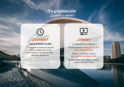 Infografía con el Palau de les Arts de Valencia de fondo, que tiene la información de fecha y lugar de la Graduación de VIU 2026